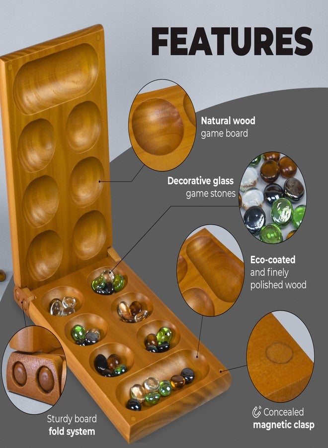 Queensell Mancala Board Game with Magnetic Lock - Classic 2-Player Folding Game - Wooden Mancala Set with 56 Glass Pebbles - Mancala Game for Kids and Adults - Image 3